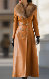 Carmelina™ | Caramel Leather Double-Breasted Coat