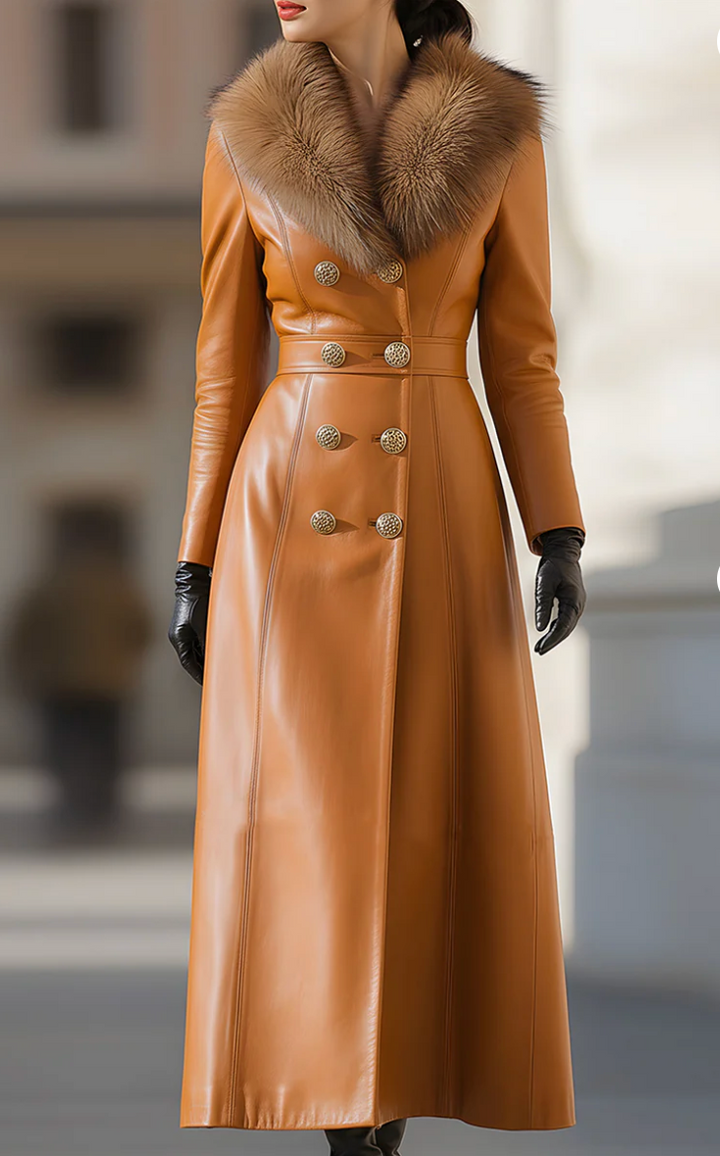 Carmelina™ | Caramel Leather Double-Breasted Coat