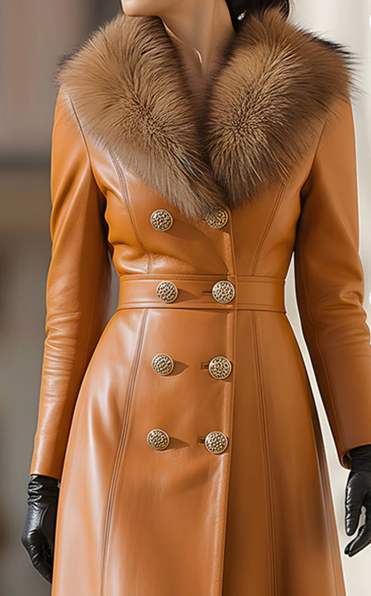 Carmelina™ | Caramel Leather Double-Breasted Coat