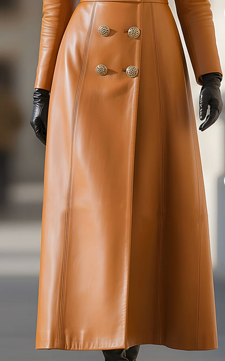 Carmelina™ | Caramel Leather Double-Breasted Coat