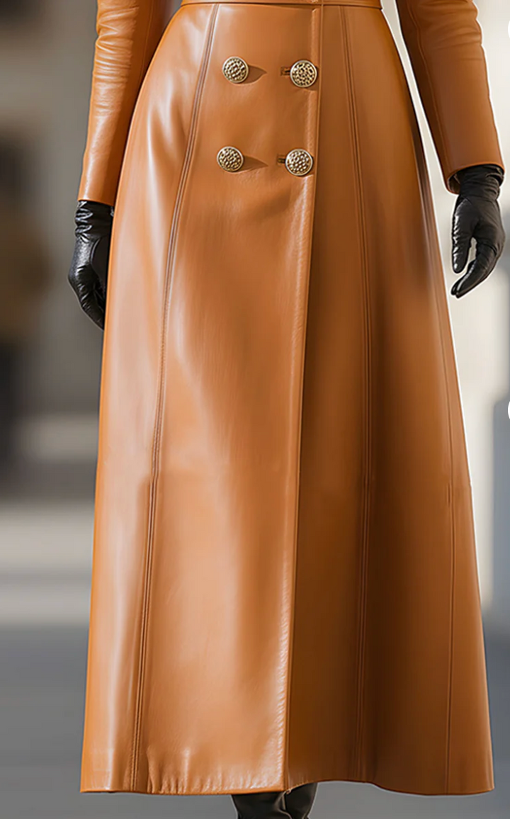 Carmelina™ | Caramel Leather Double-Breasted Coat