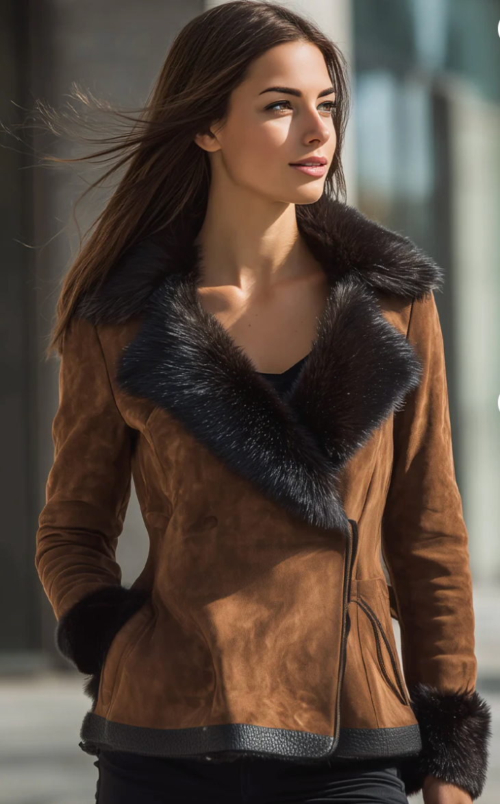 Elarica™ | Faux Fur Trim Suede Jacket